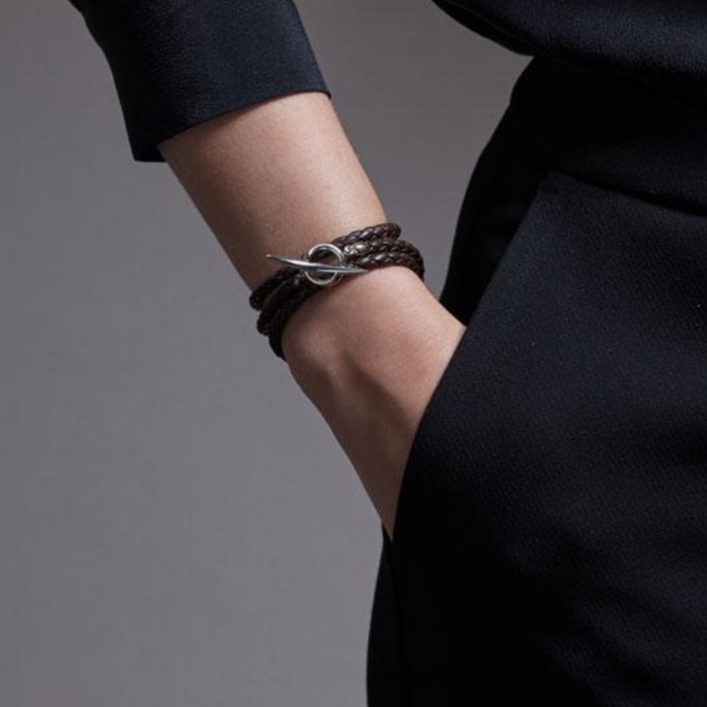 Shaun Leane 925 Silver Quill Brown Leather, Unisex McQueen Bracelet Medium